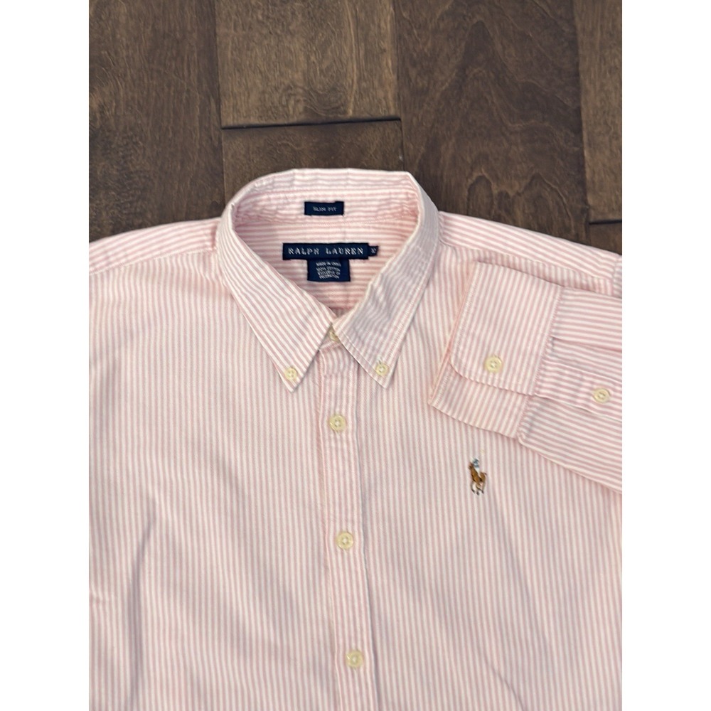 Ralph Lauren Womens Slim Fit Pink Striped Button Down Oxford Shirt Size 12